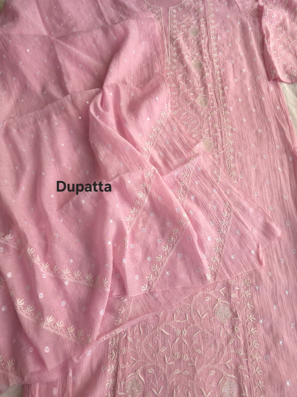 Candy Pink Mul Chanderi All over hand embroidered Kurta dupatta with embellishments