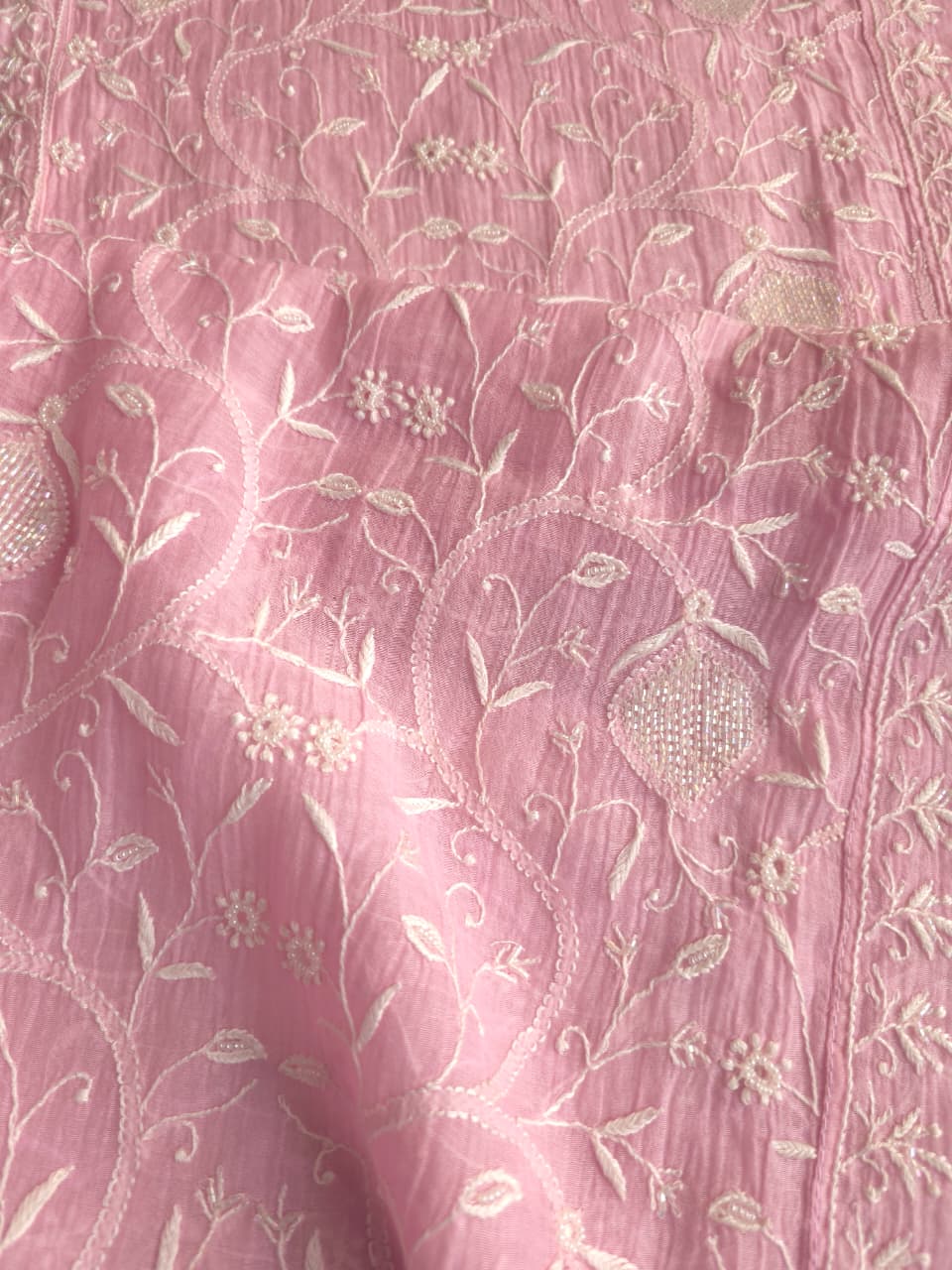 Candy Pink Mul Chanderi All over hand embroidered Kurta dupatta with embellishments