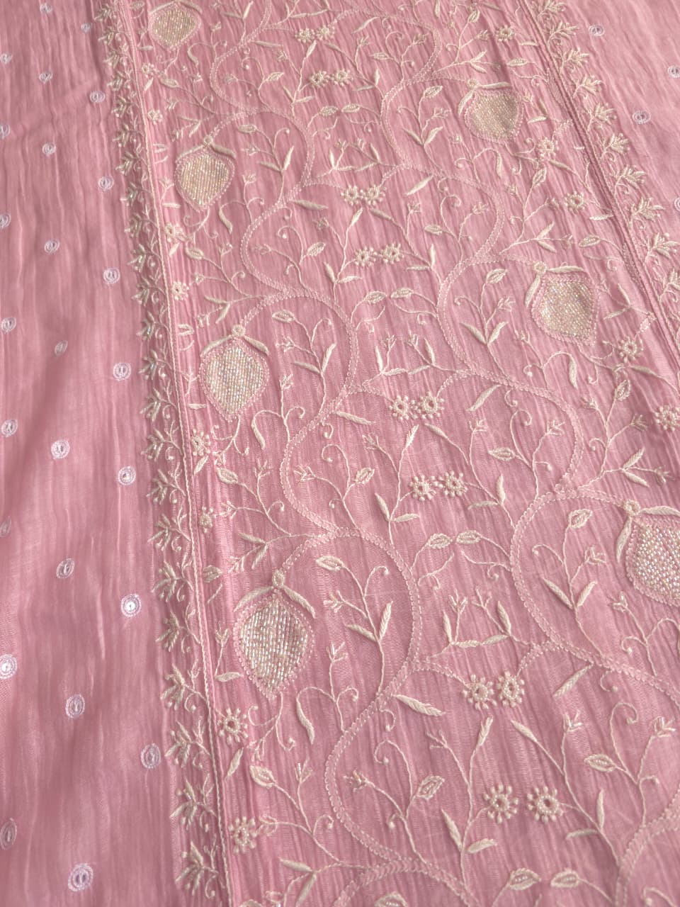 Candy Pink Mul Chanderi All over hand embroidered Kurta dupatta with embellishments