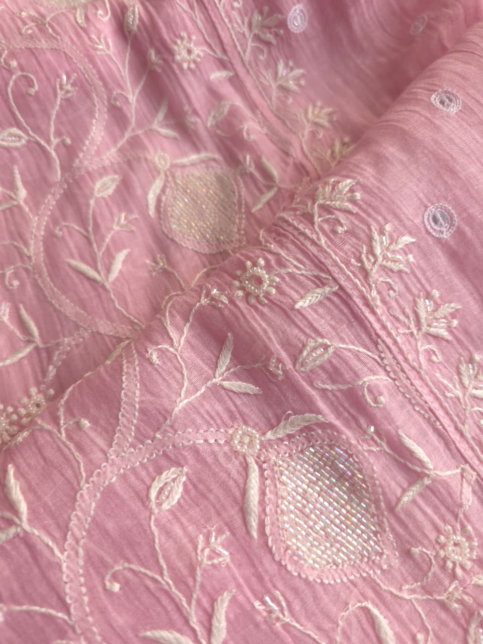 Candy Pink Mul Chanderi All over hand embroidered Kurta dupatta with embellishments