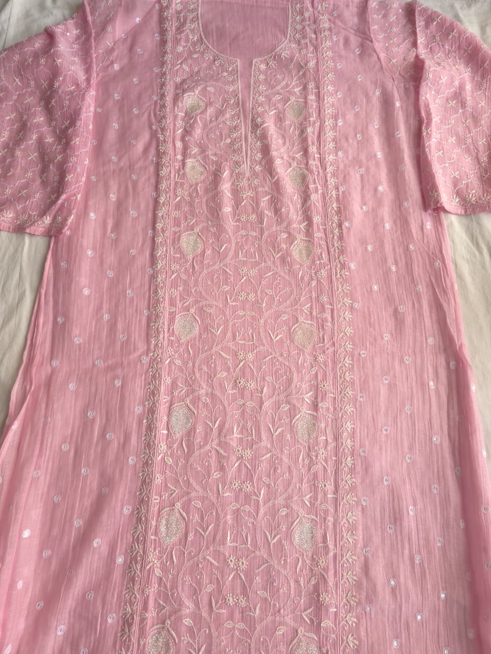 Candy Pink Mul Chanderi All over hand embroidered Kurta dupatta with embellishments