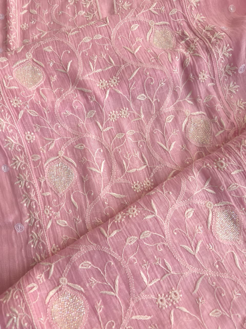 Candy Pink Mul Chanderi All over hand embroidered Kurta dupatta with embellishments