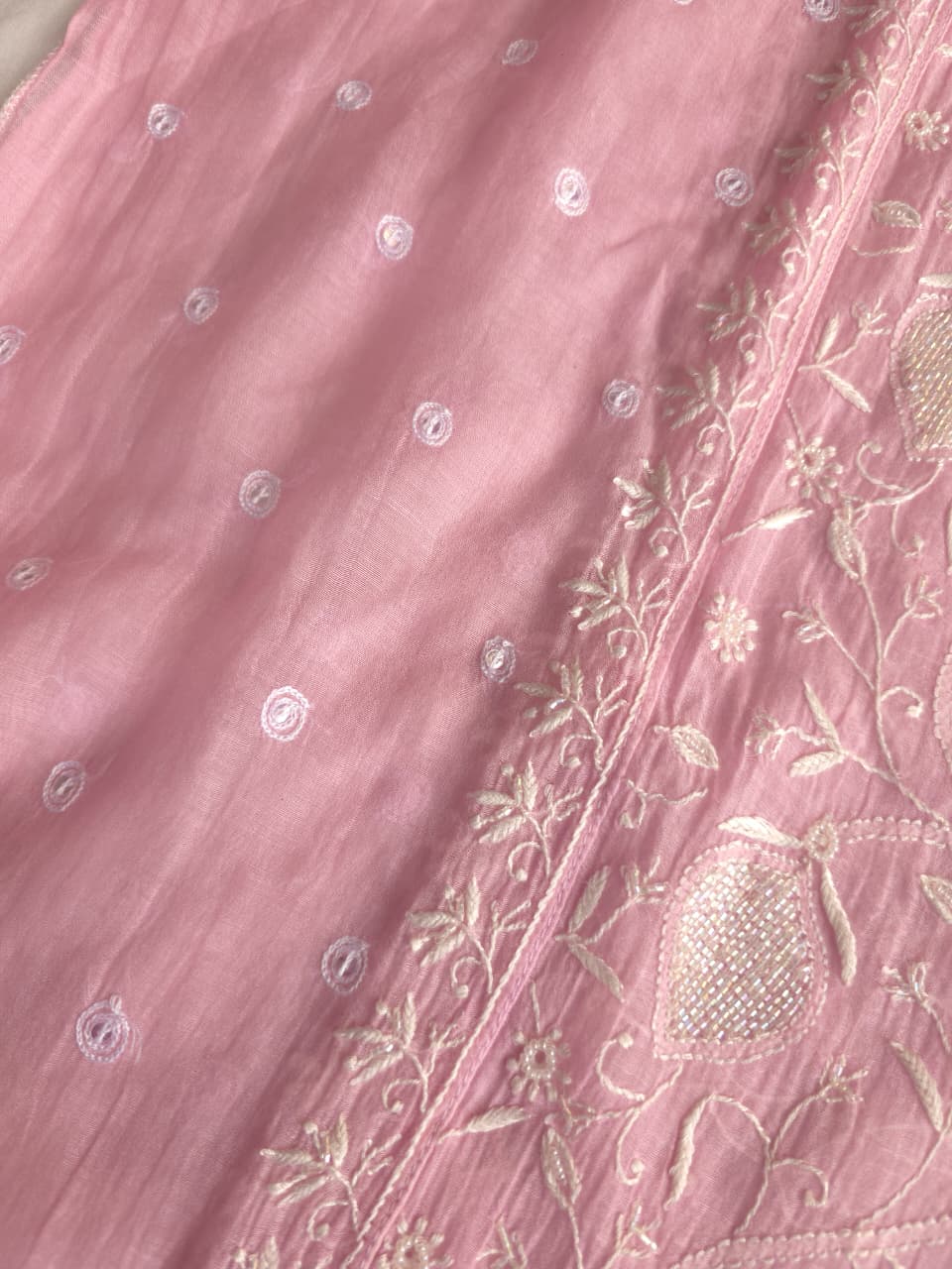 Candy Pink Mul Chanderi All over hand embroidered Kurta dupatta with embellishments