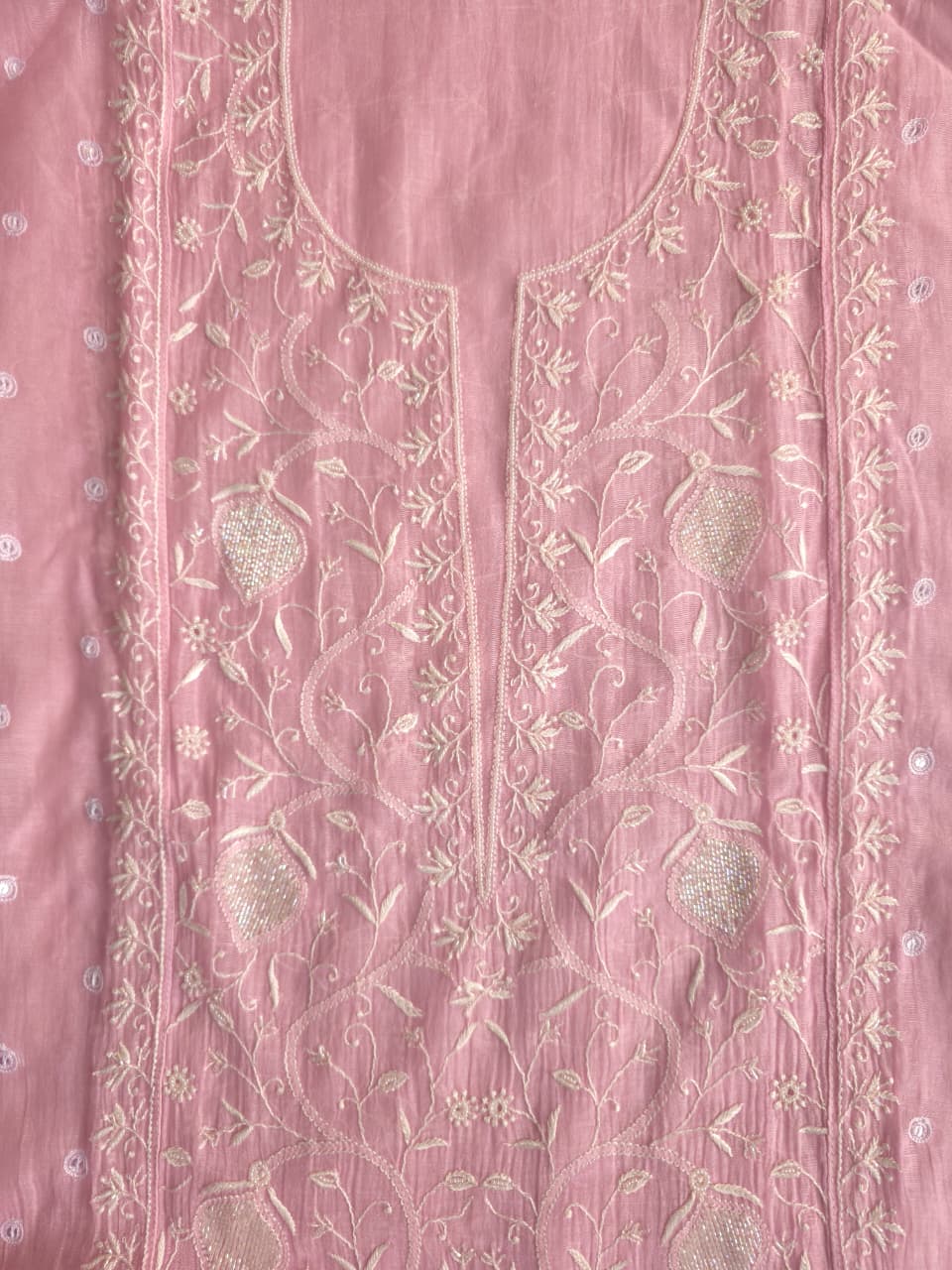 Candy Pink Mul Chanderi All over hand embroidered Kurta dupatta with embellishments