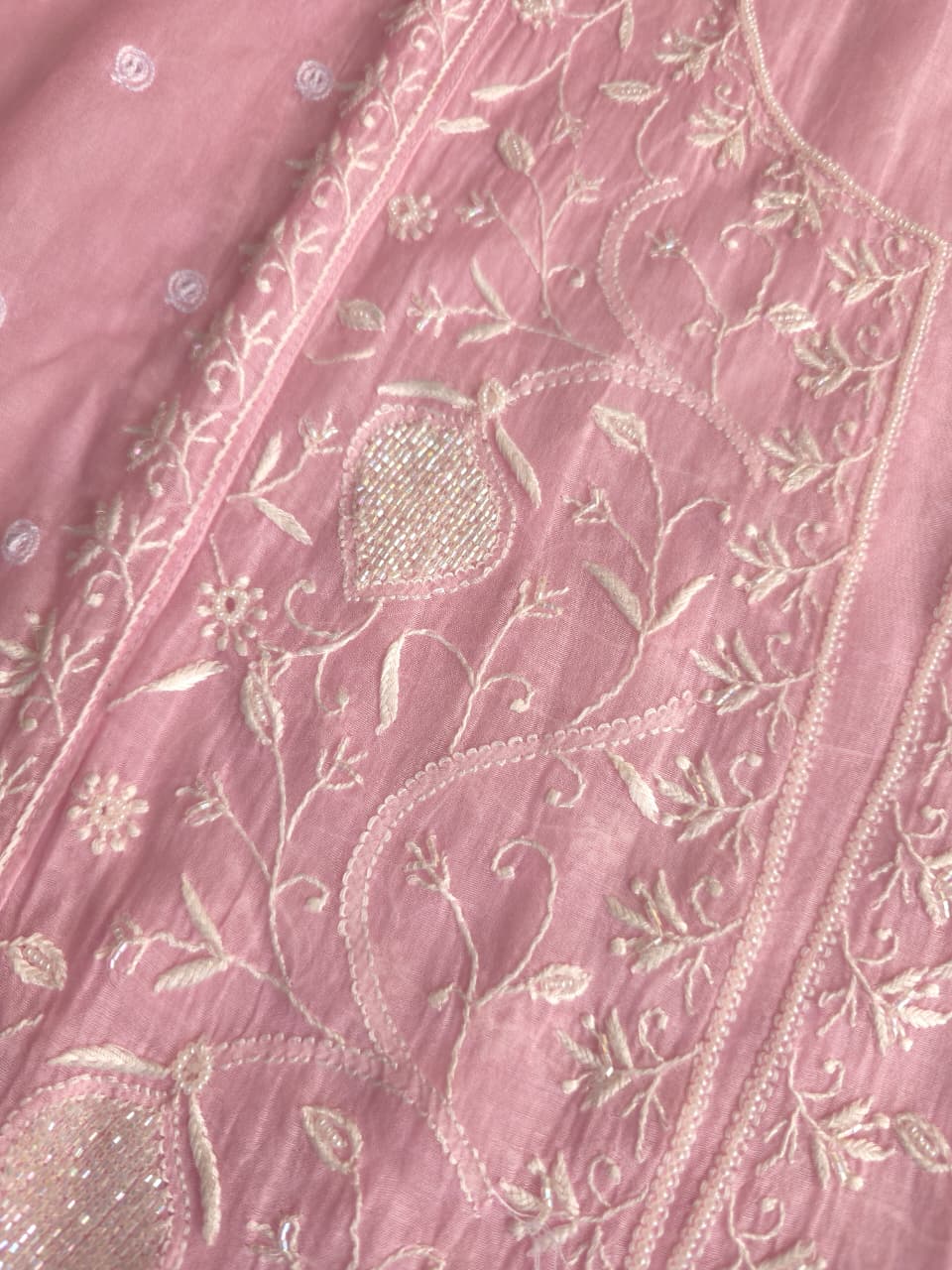 Candy Pink Mul Chanderi All over hand embroidered Kurta dupatta with embellishments
