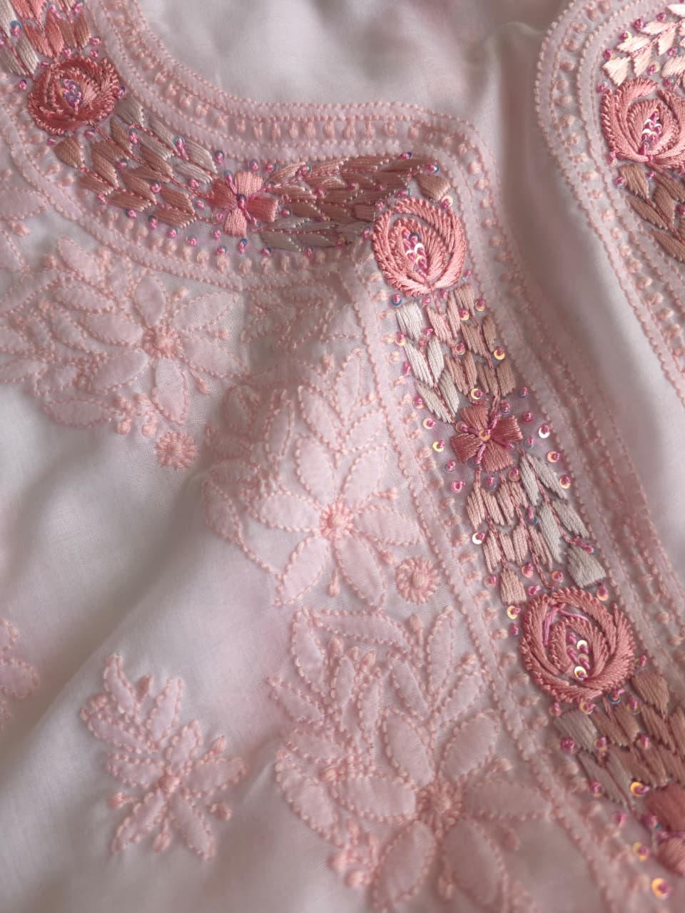 Soft Cotton Designer Kurta and dupatta set with Powder pink Chikankari and Parsi neckline