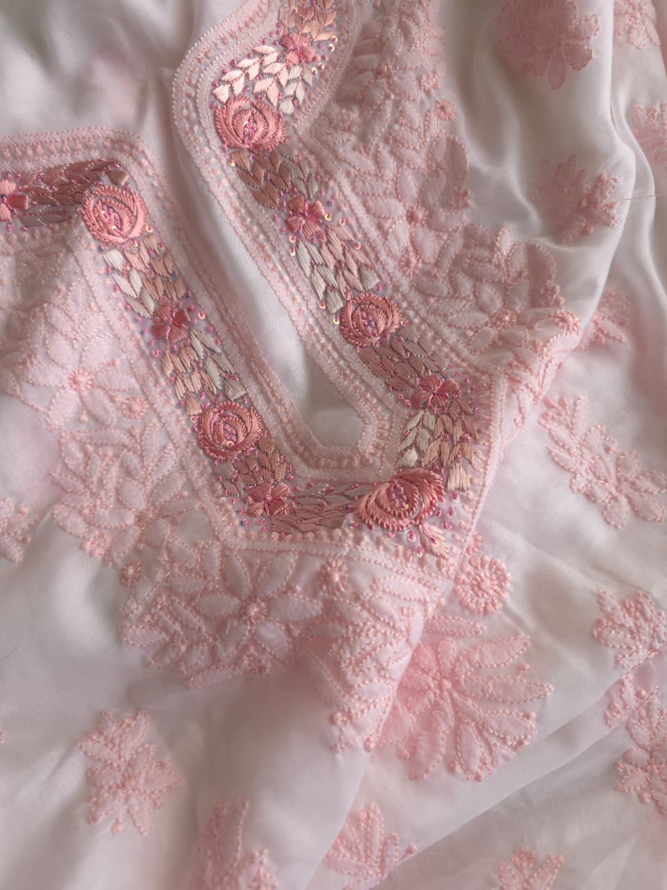 Soft Cotton Designer Kurta and dupatta set with Powder pink Chikankari and Parsi neckline