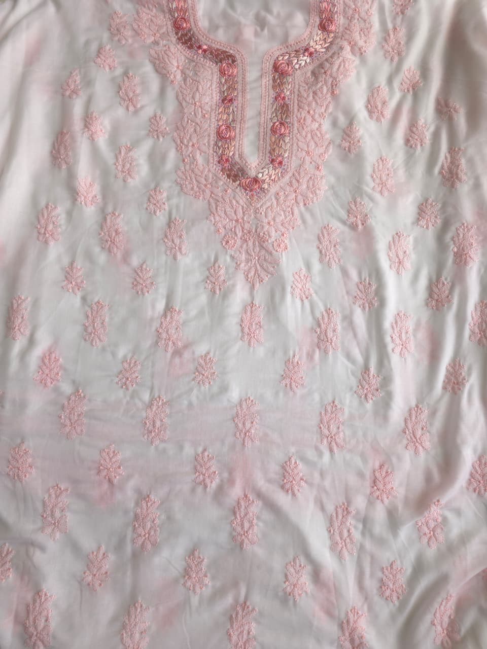 Soft Cotton Designer Kurta and dupatta set with Powder pink Chikankari and Parsi neckline