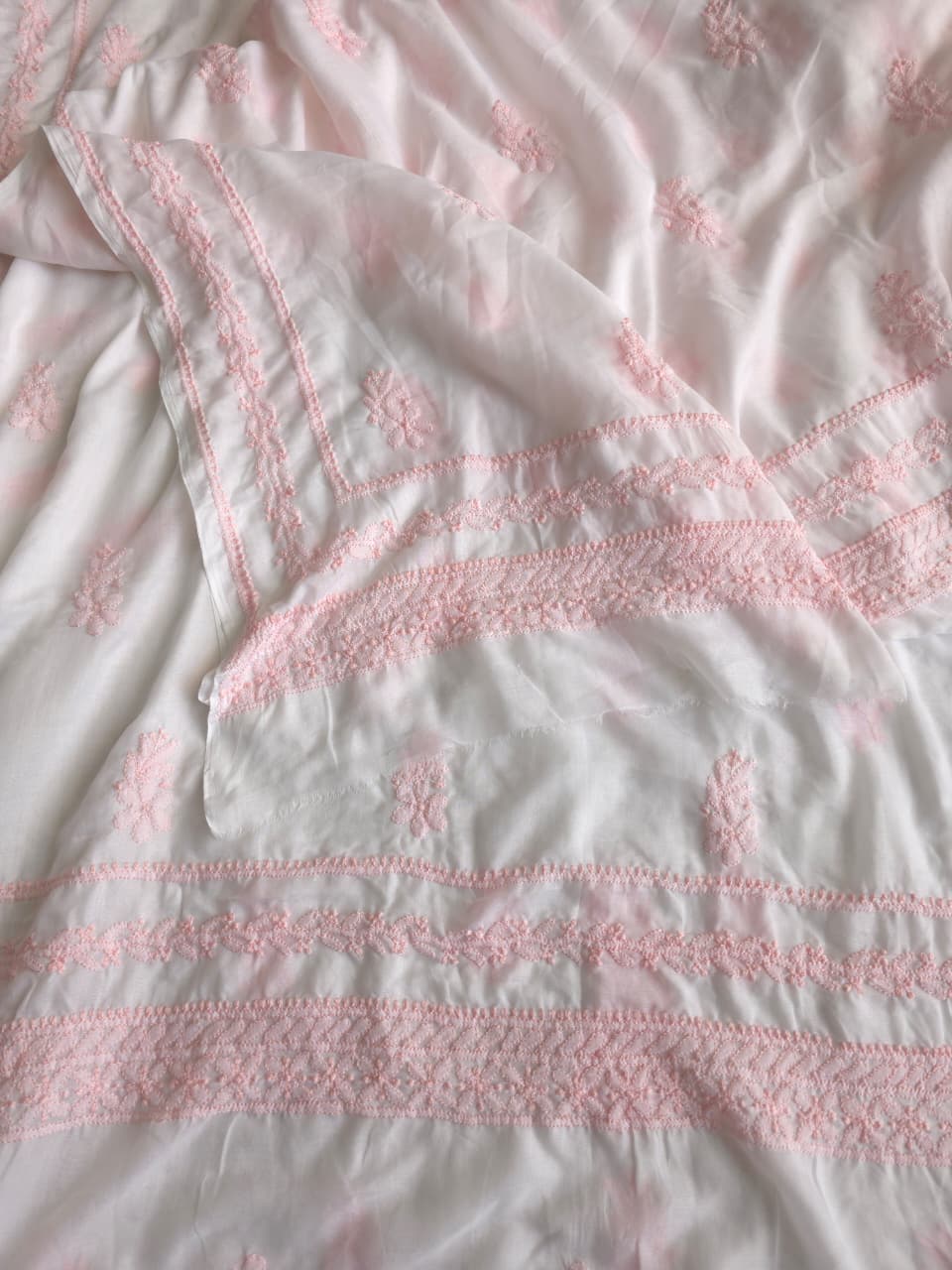 Soft Cotton Designer Kurta and dupatta set with Powder pink Chikankari and Parsi neckline