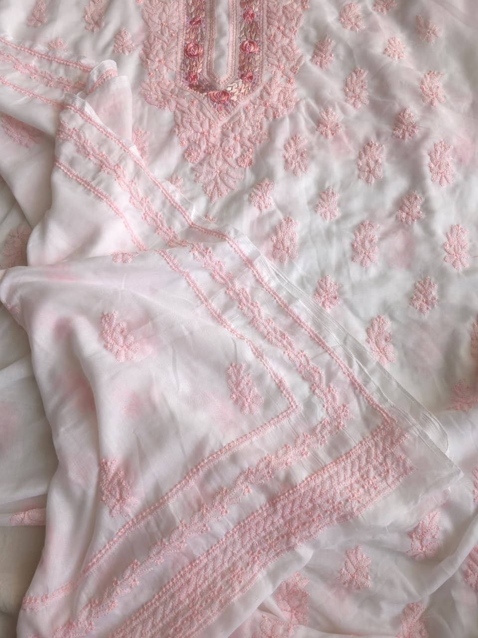Soft Cotton Designer Kurta and dupatta set with Powder pink Chikankari and Parsi neckline