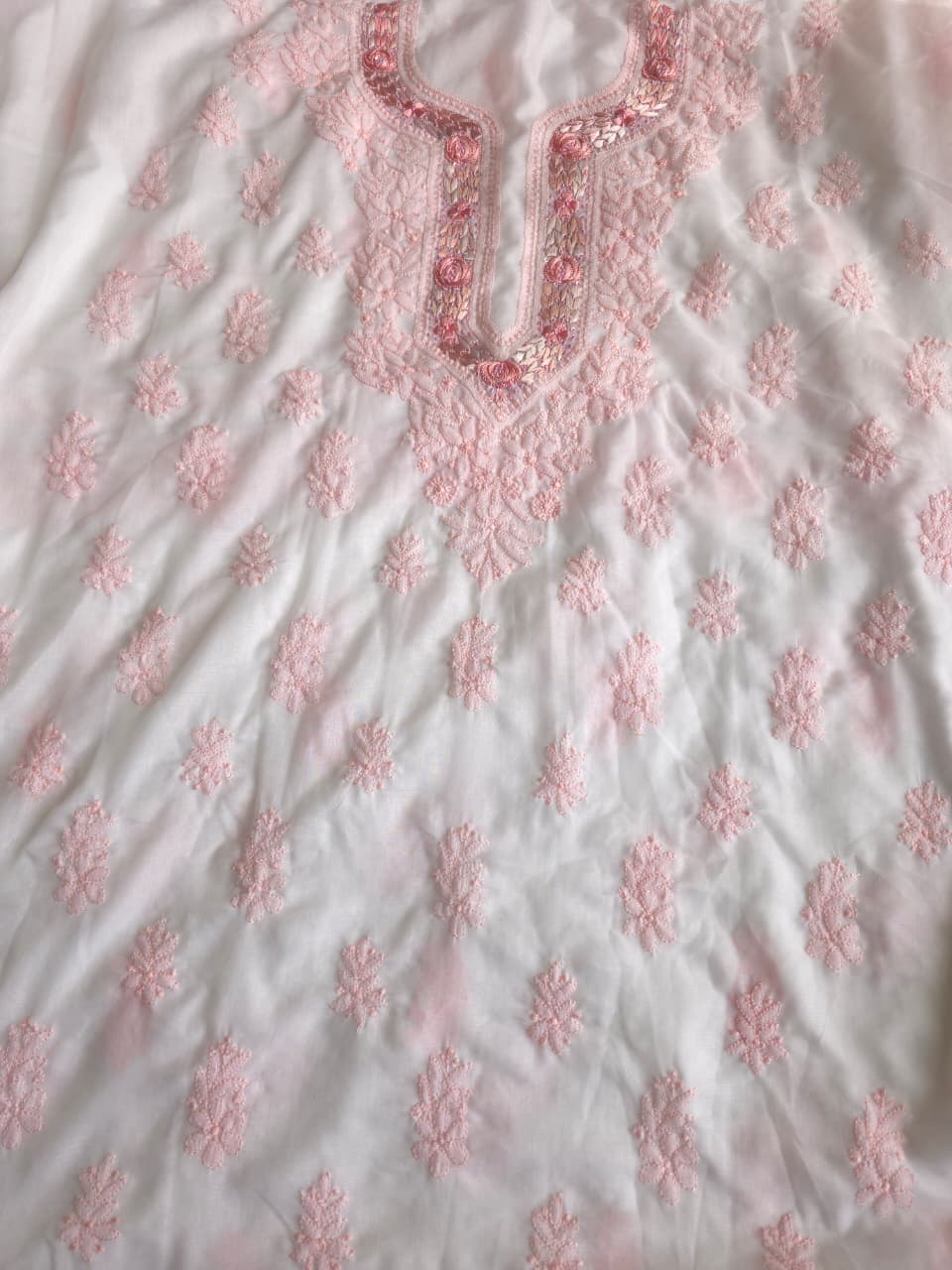 Soft Cotton Designer Kurta and dupatta set with Powder pink Chikankari and Parsi neckline