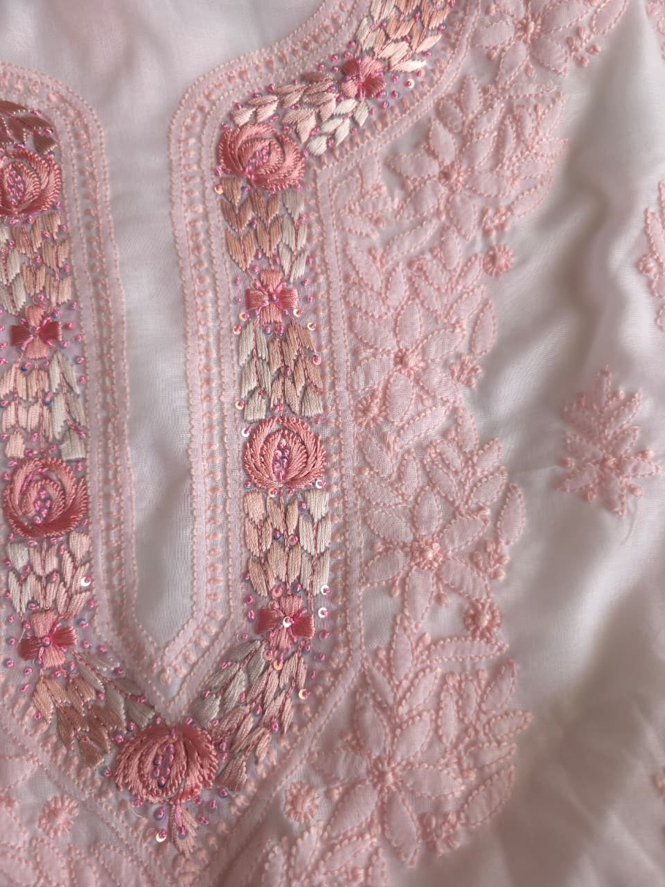 Soft Cotton Designer Kurta and dupatta set with Powder pink Chikankari and Parsi neckline