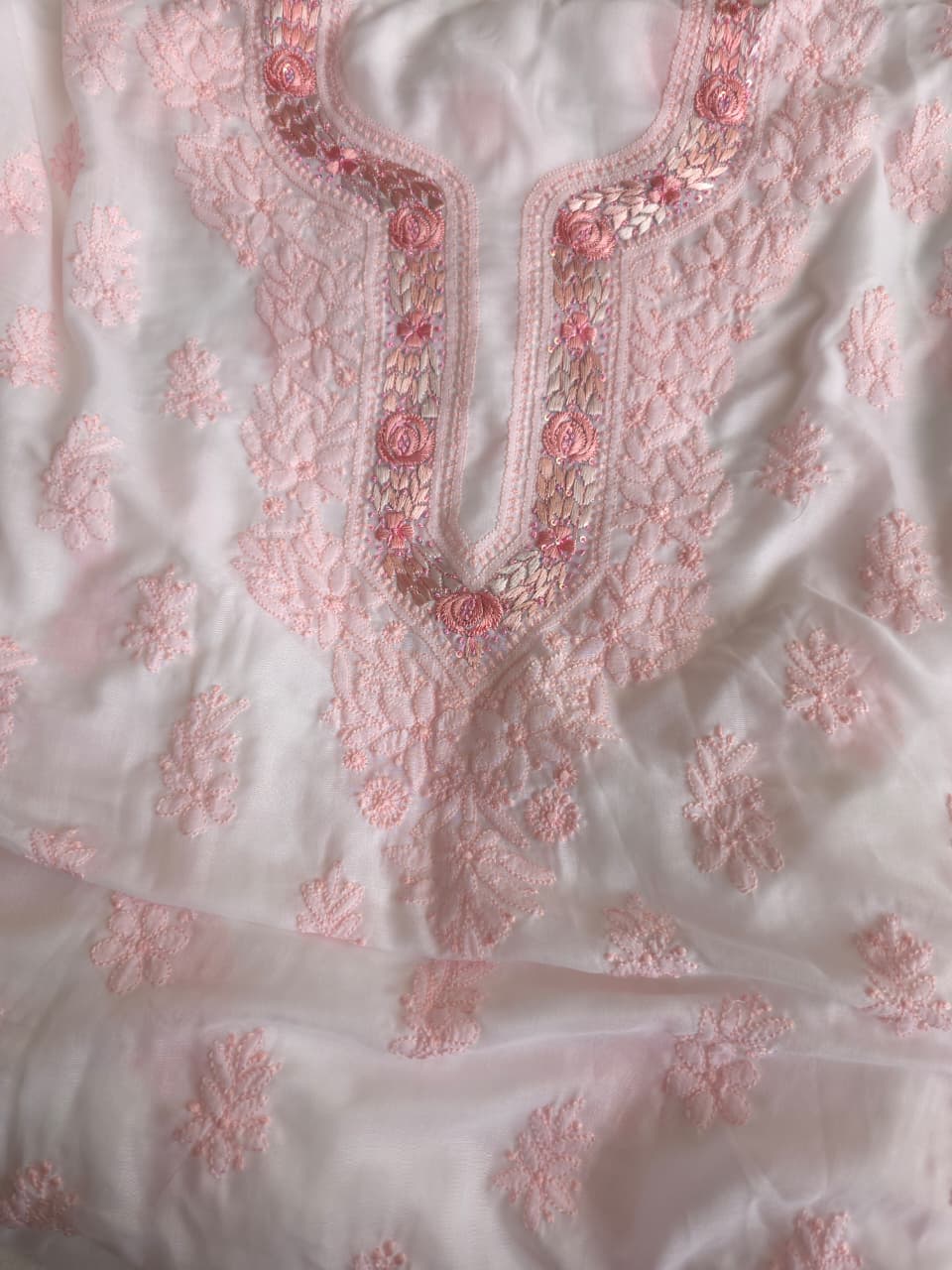 Soft Cotton Designer Kurta and dupatta set with Powder pink Chikankari and Parsi neckline