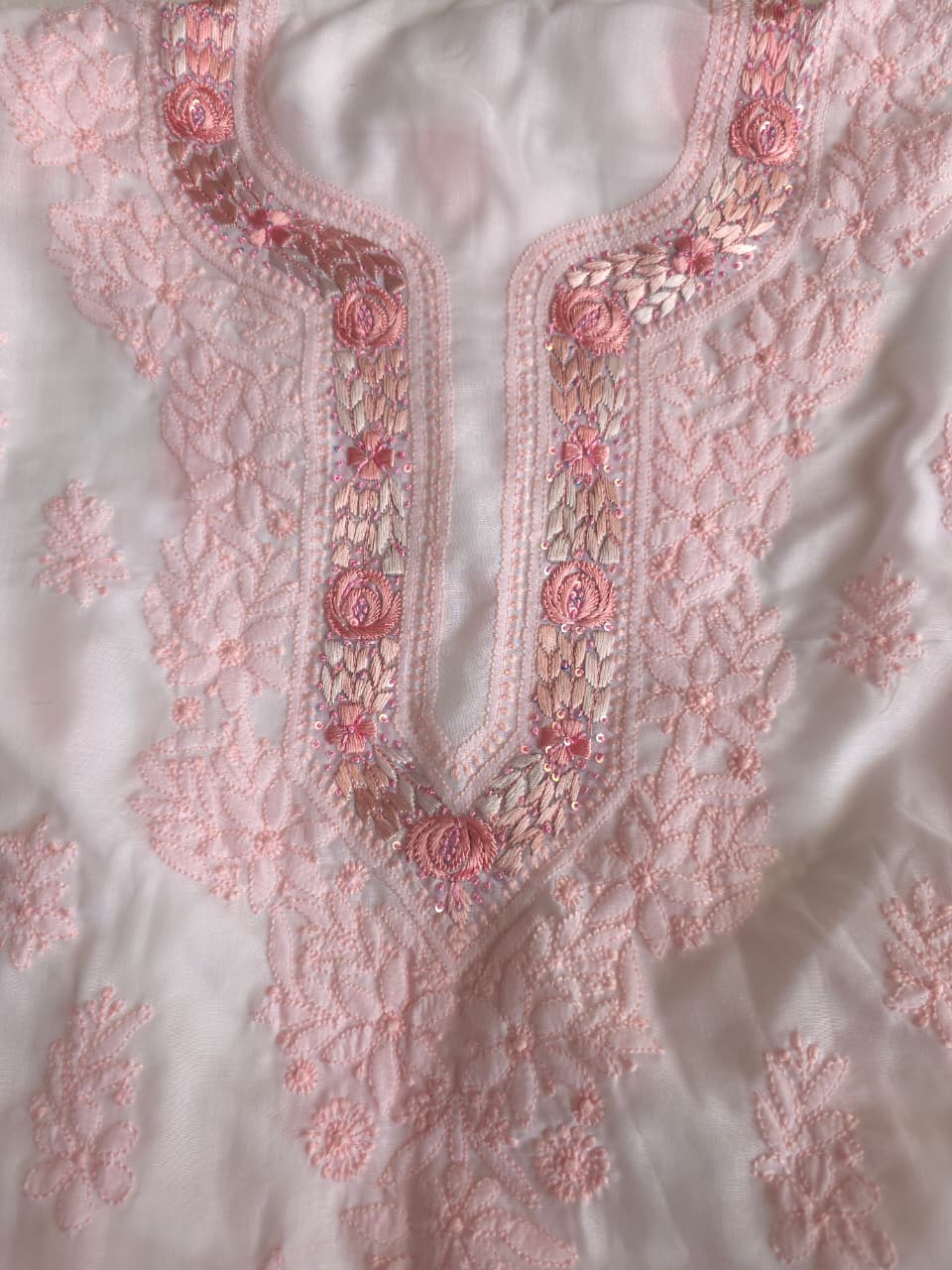 Soft Cotton Designer Kurta and dupatta set with Powder pink Chikankari and Parsi neckline