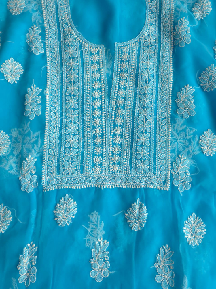 Image of Firozi blue georgette Unstiched full set with beautiful dupatta
