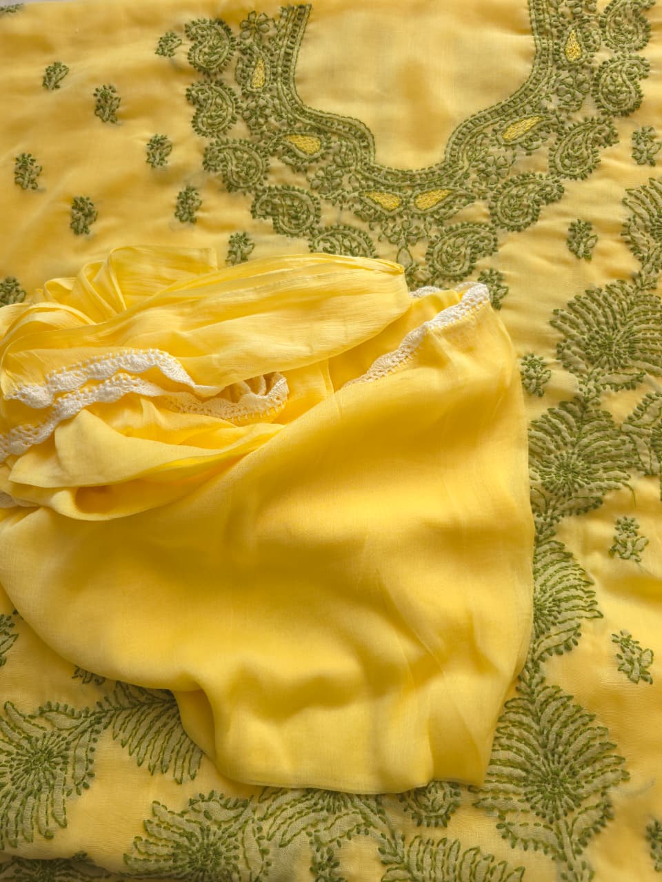 Mango Yellow Cotton Full set with dual tone chikankari