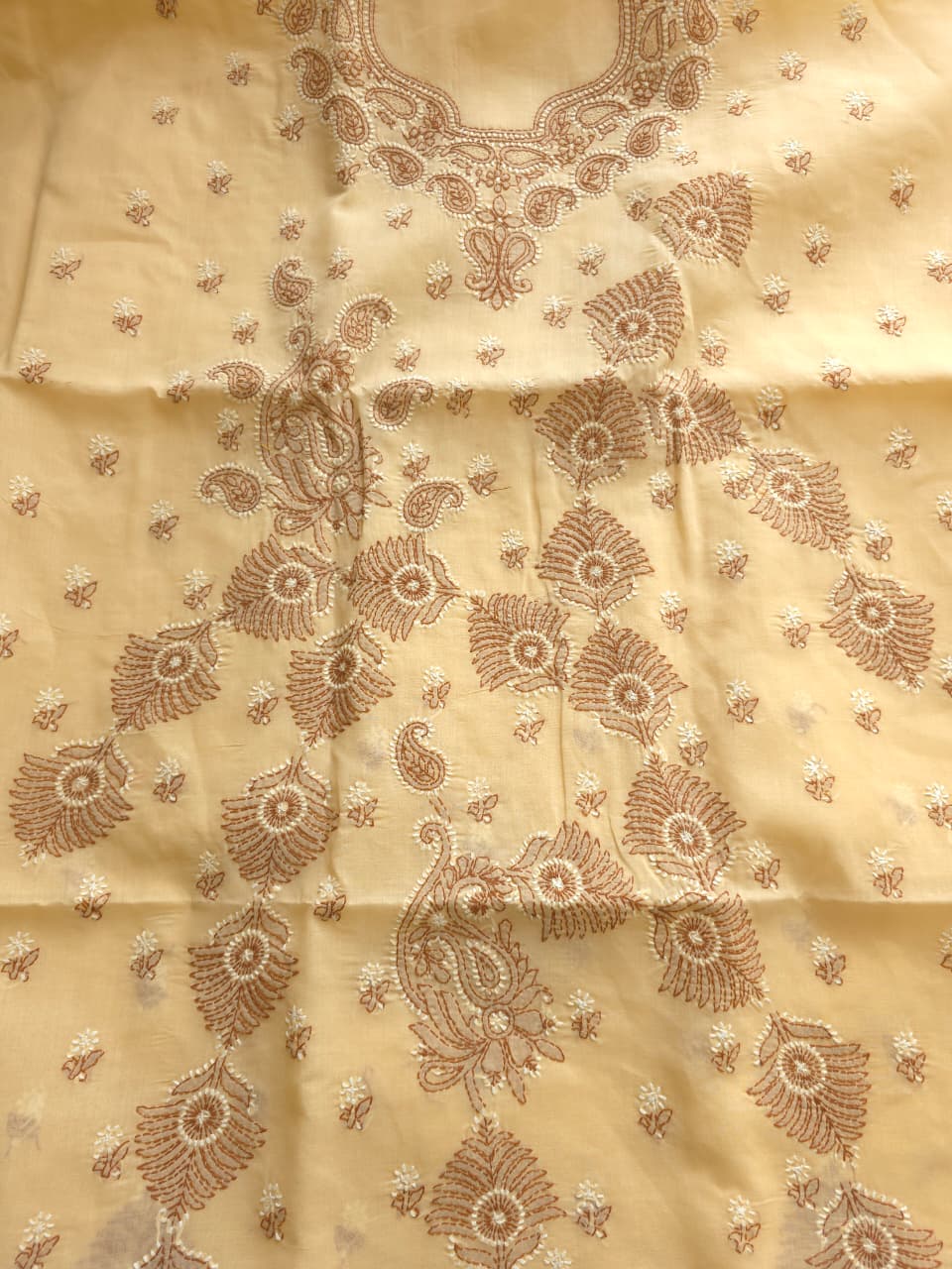 Beige Cotton full suit with dual tone chikankari