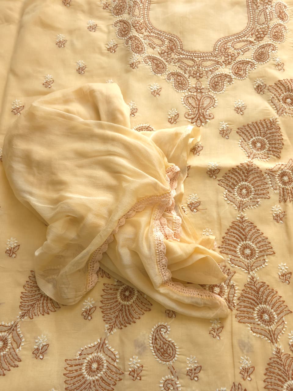 Beige Cotton full suit with dual tone chikankari