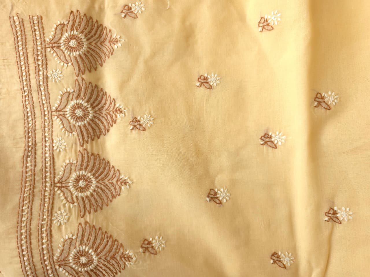 Beige Cotton full suit with dual tone chikankari