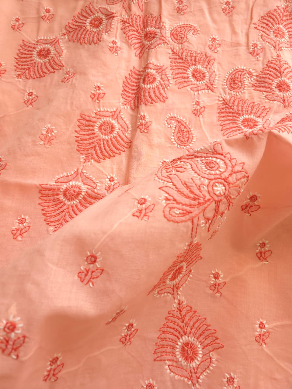 Peach Color cotton Full set with Dual tone chikankari