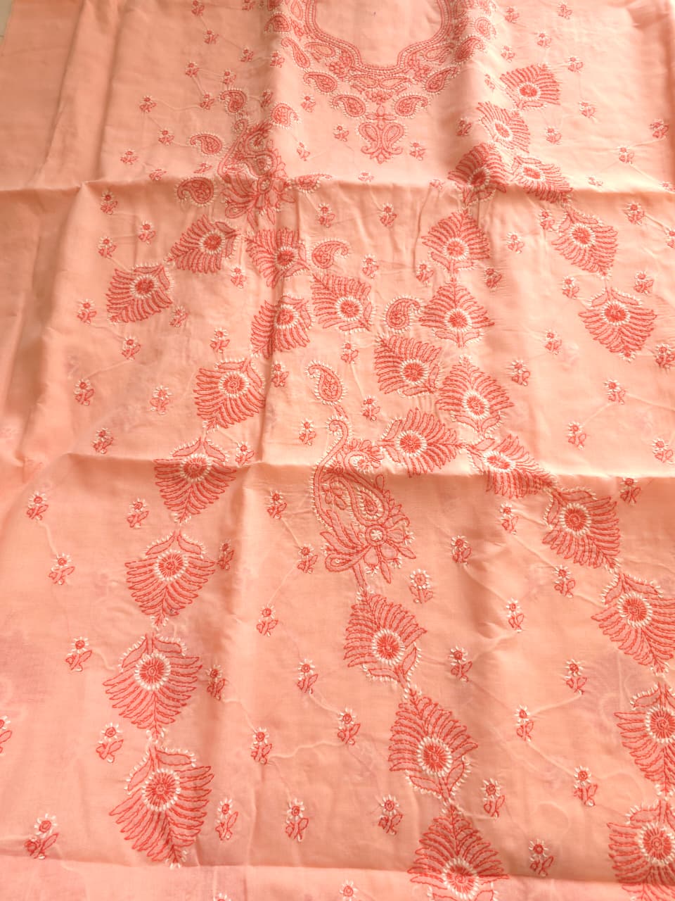 Peach Color cotton Full set with Dual tone chikankari