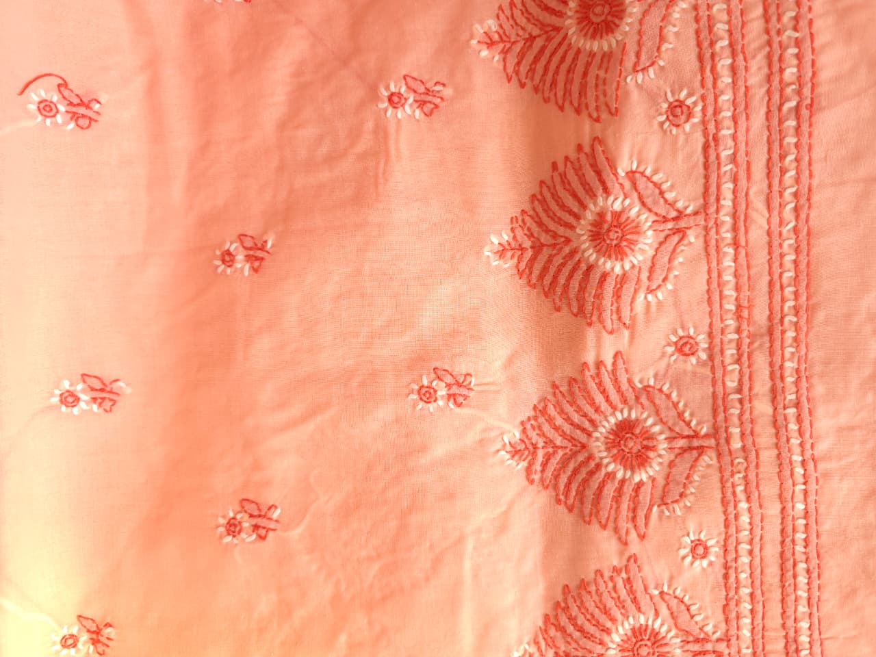 Peach Color cotton Full set with Dual tone chikankari