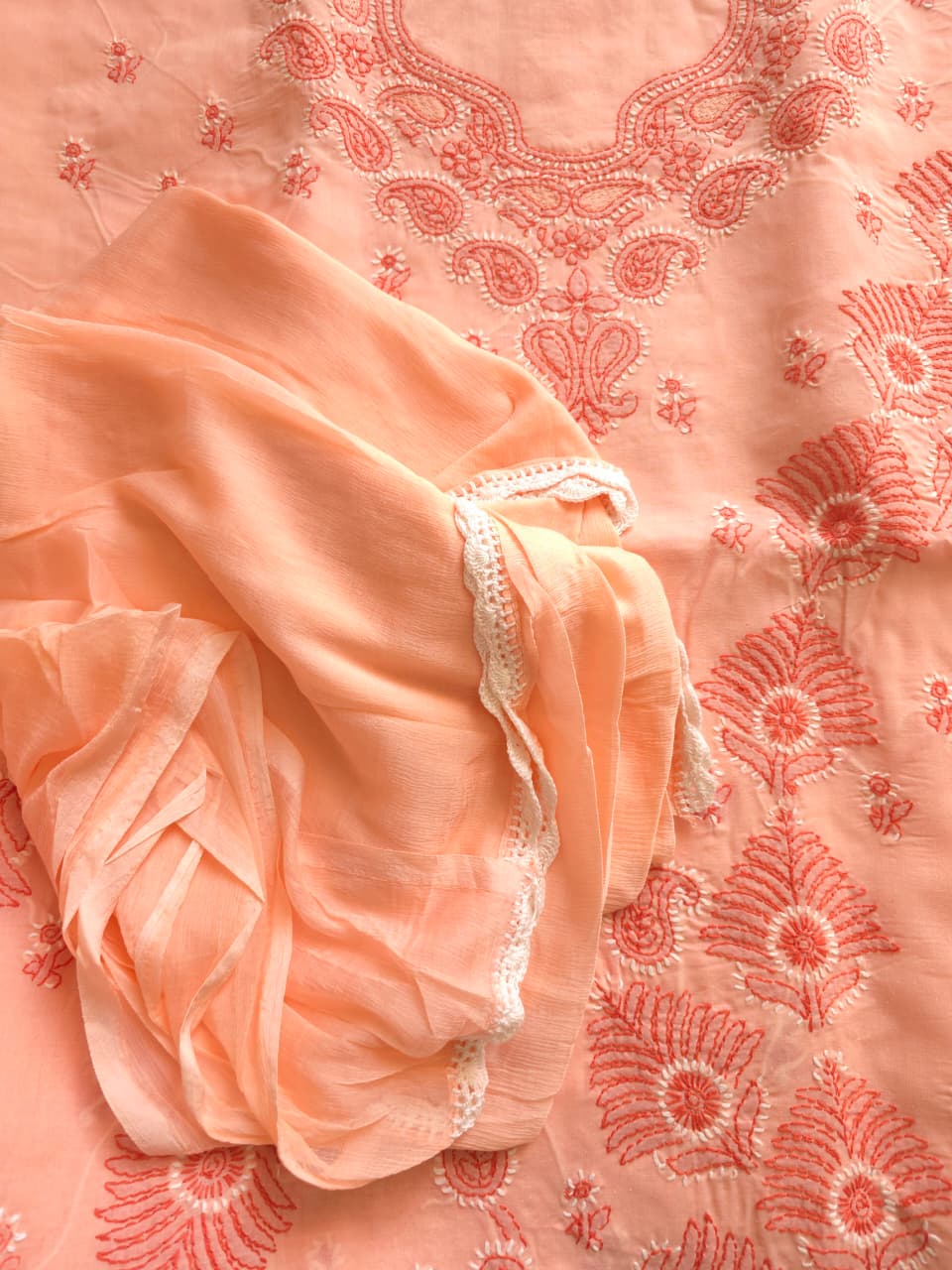 Peach Color cotton Full set with Dual tone chikankari