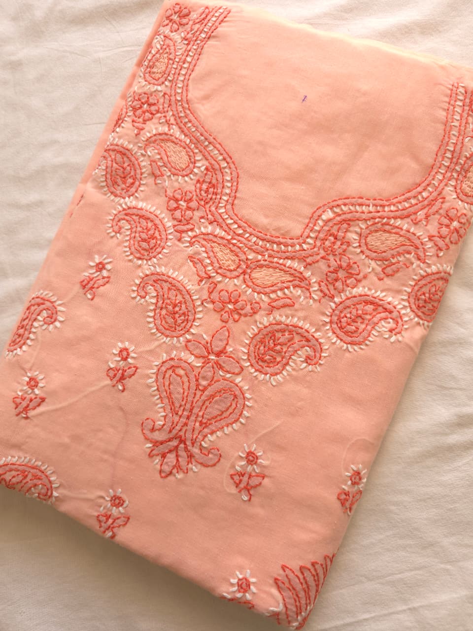 Peach Color cotton Full set with Dual tone chikankari
