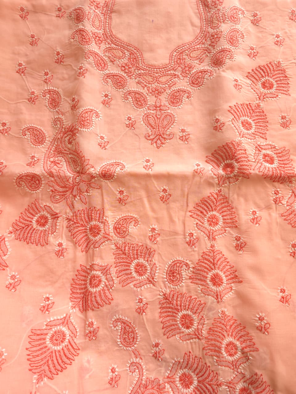 Peach Color cotton Full set with Dual tone chikankari