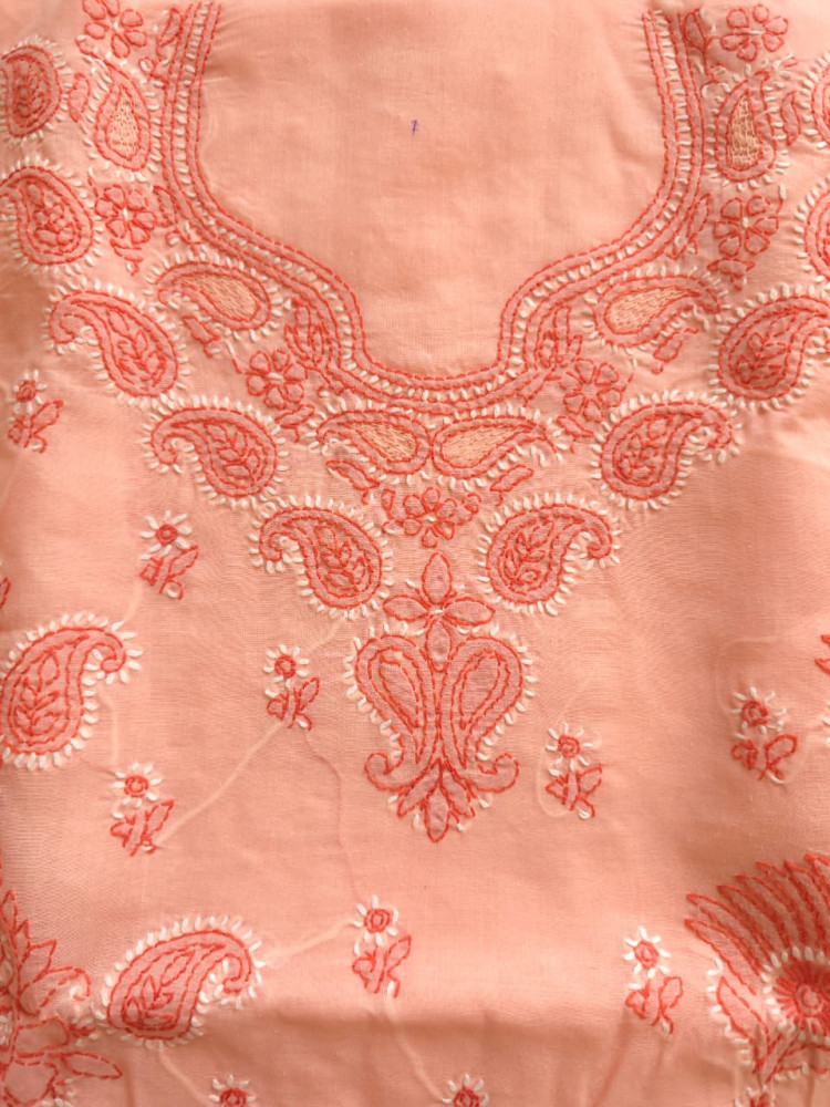 Image of Peach Color cotton Full set with Dual tone chikankari