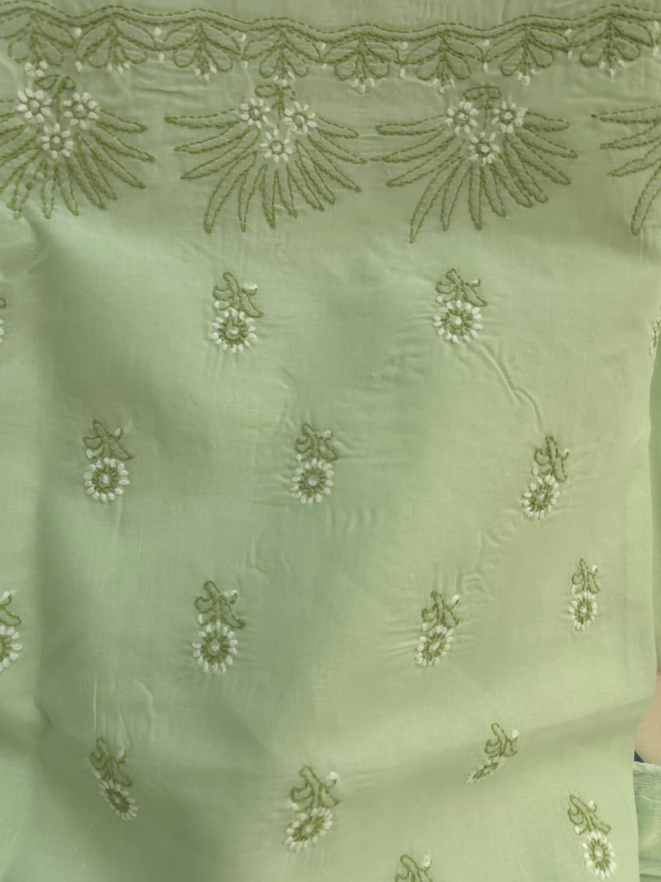 Sage Green Cotton Full suit with Dual tone Chikankari