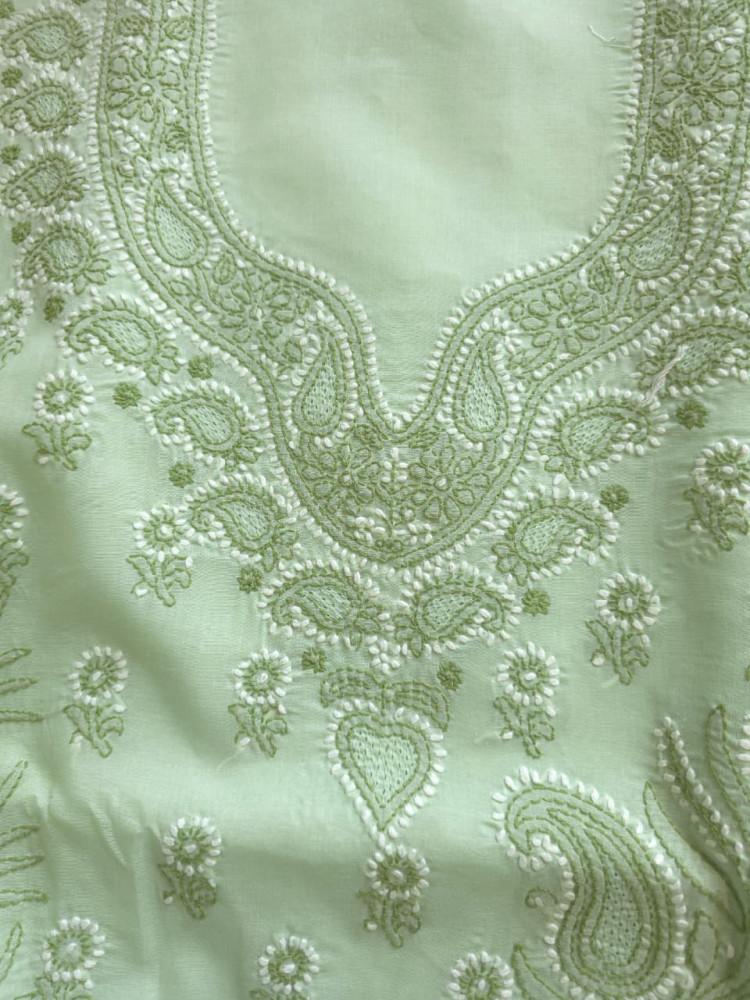 Image of Sage Green Cotton Full suit with Dual tone Chikankari
