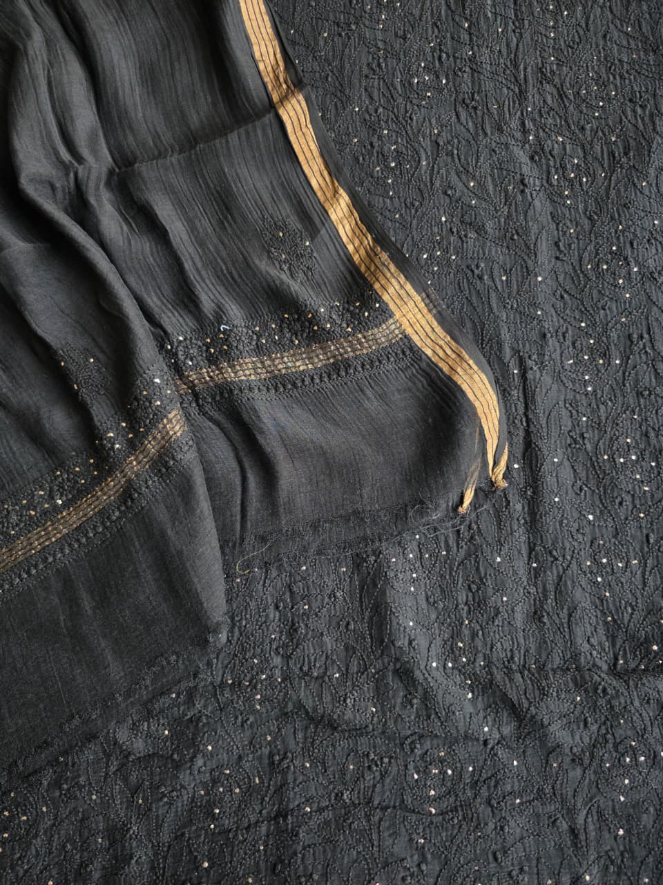 Black Mul chanderi unstitched kurta dupatta with chikan mukaish