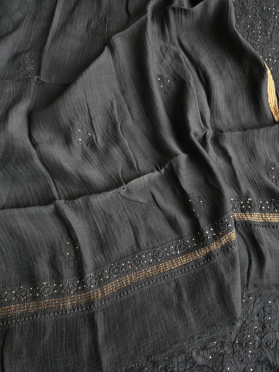 Black Mul chanderi unstitched kurta dupatta with chikan mukaish