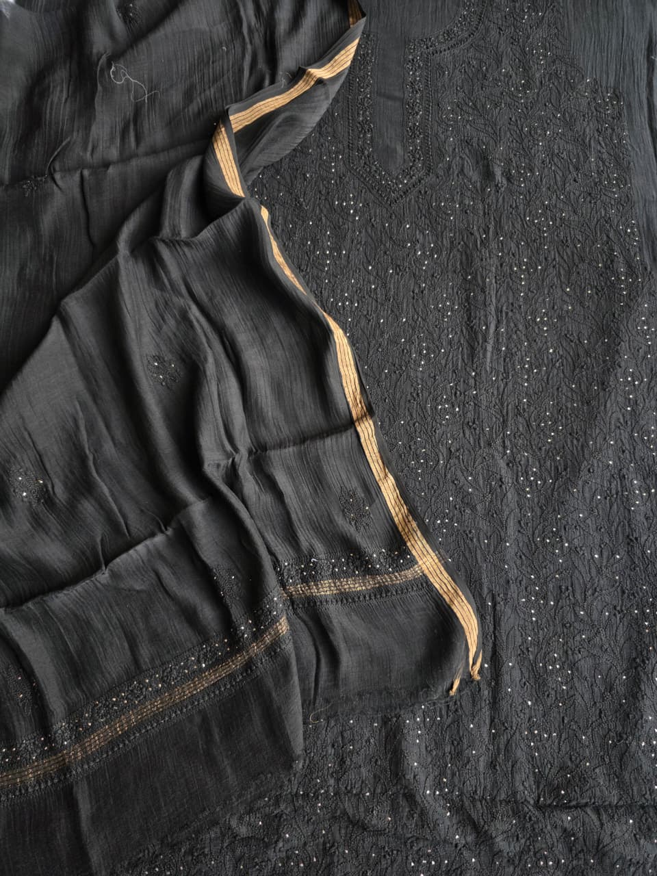 Black Mul chanderi unstitched kurta dupatta with chikan mukaish