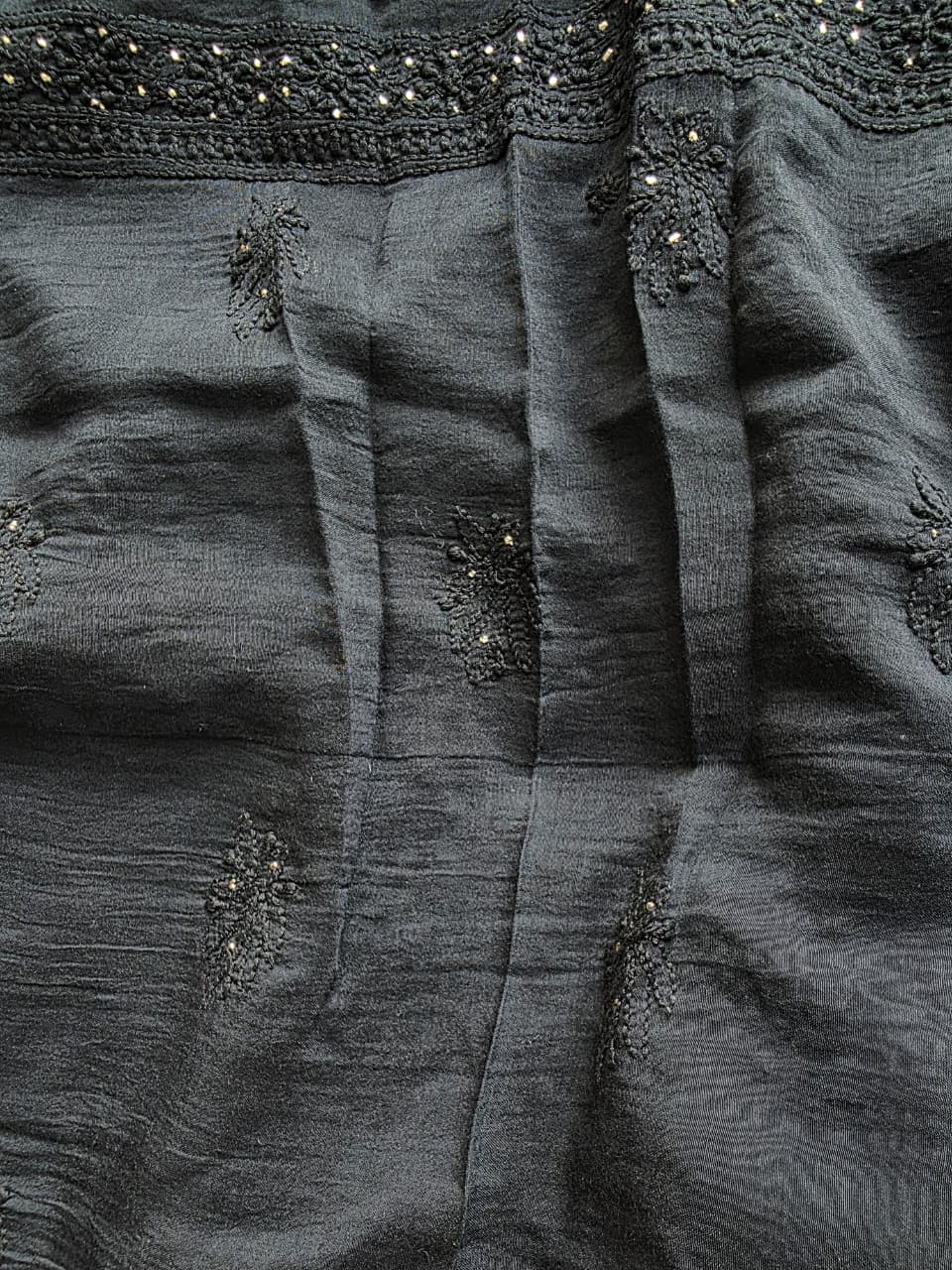 Black Mul chanderi unstitched kurta dupatta with chikan mukaish