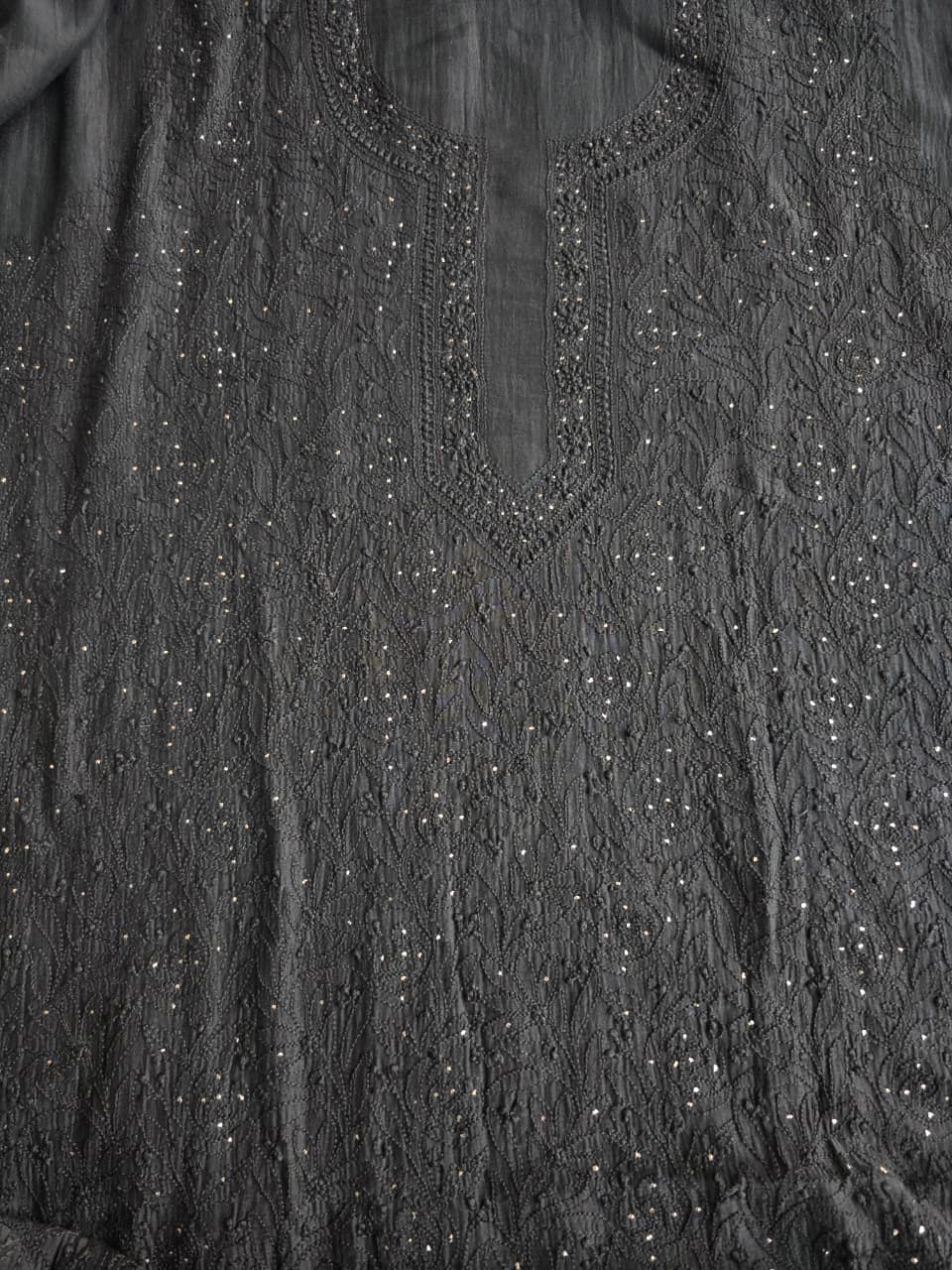 Black Mul chanderi unstitched kurta dupatta with chikan mukaish
