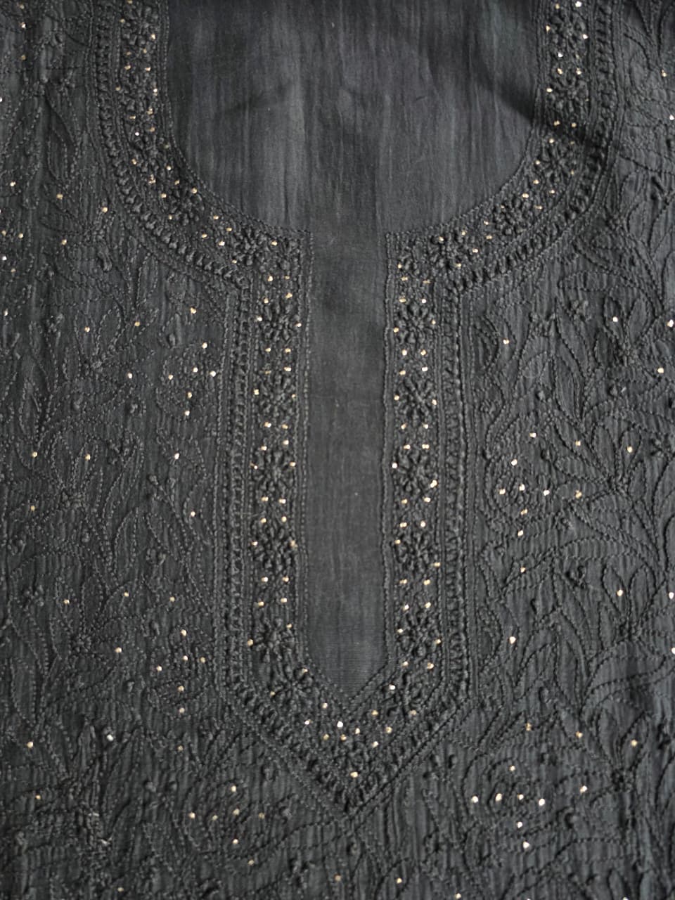 Black Mul chanderi unstitched kurta dupatta with chikan mukaish