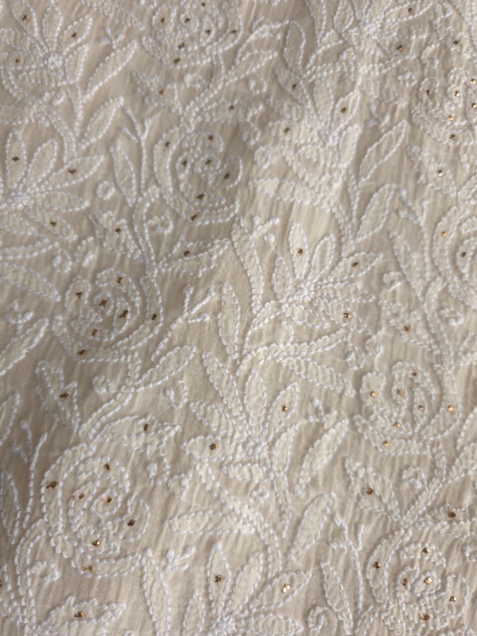 Off white Mul chanderi unstitched kurta dupatta with chikan mukaish