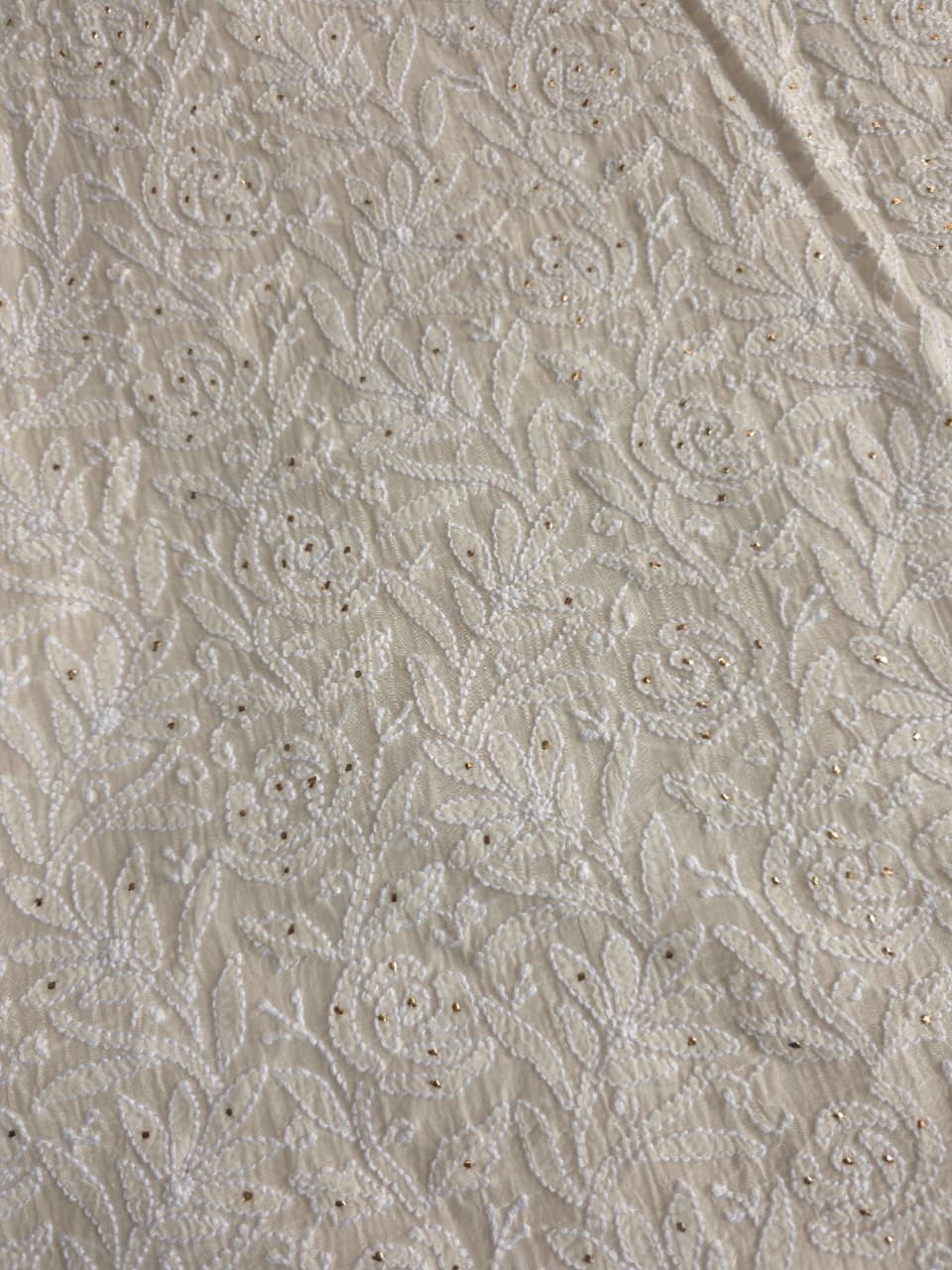 Off white Mul chanderi unstitched kurta dupatta with chikan mukaish