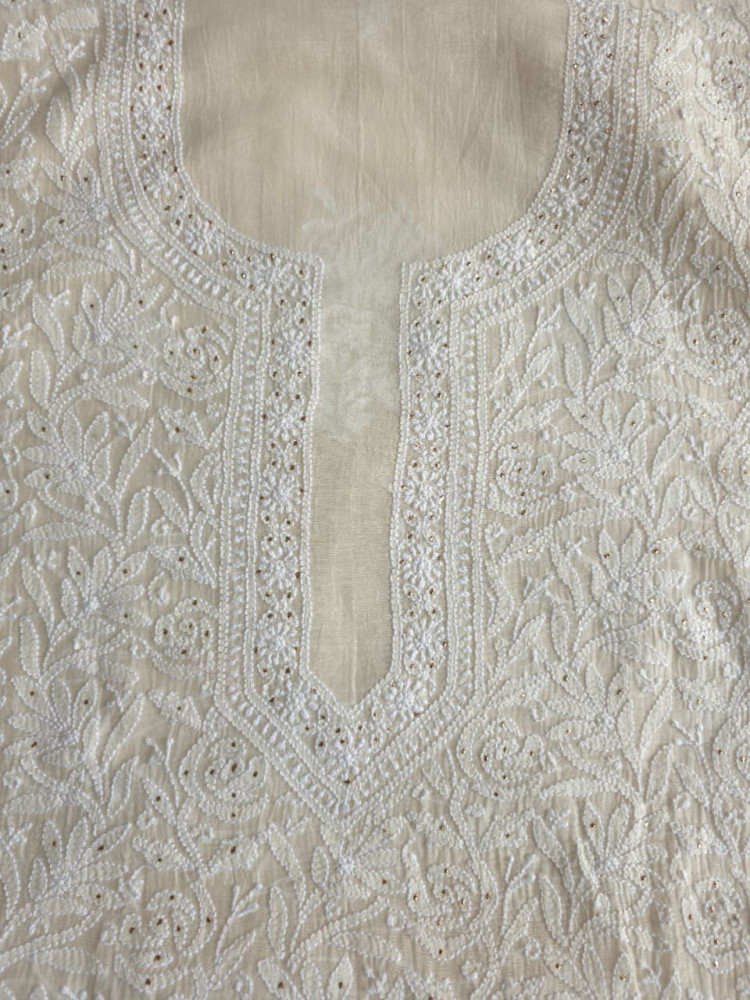Image of Off white Mul chanderi unstitched kurta dupatta with chikan mukaish