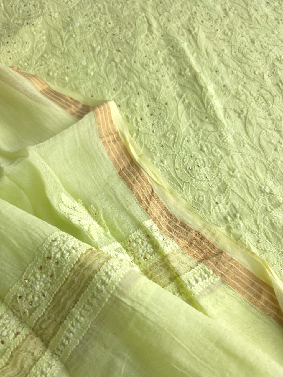 Lime Green Mul chanderi unstitched kurta dupatta with chikan mukaish