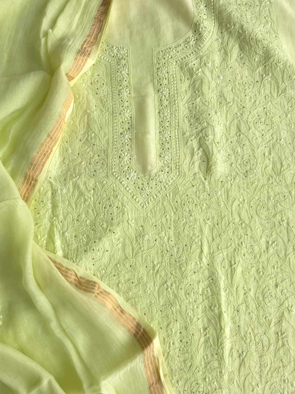 Lime Green Mul chanderi unstitched kurta dupatta with chikan mukaish