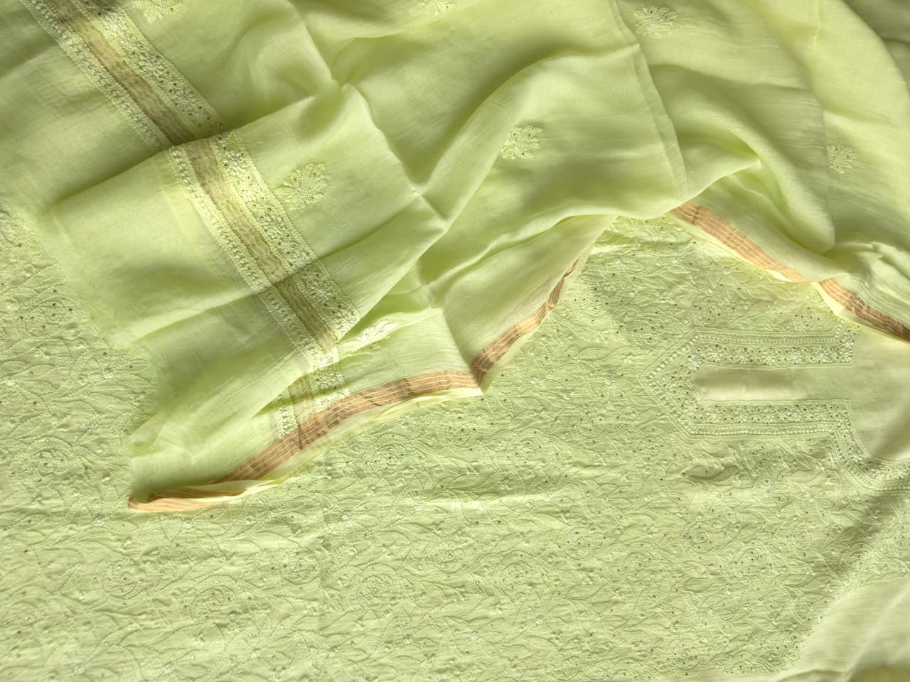 Lime Green Mul chanderi unstitched kurta dupatta with chikan mukaish