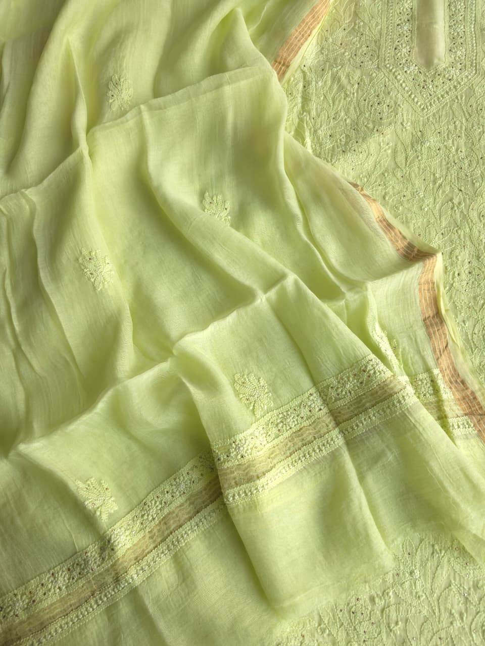 Lime Green Mul chanderi unstitched kurta dupatta with chikan mukaish