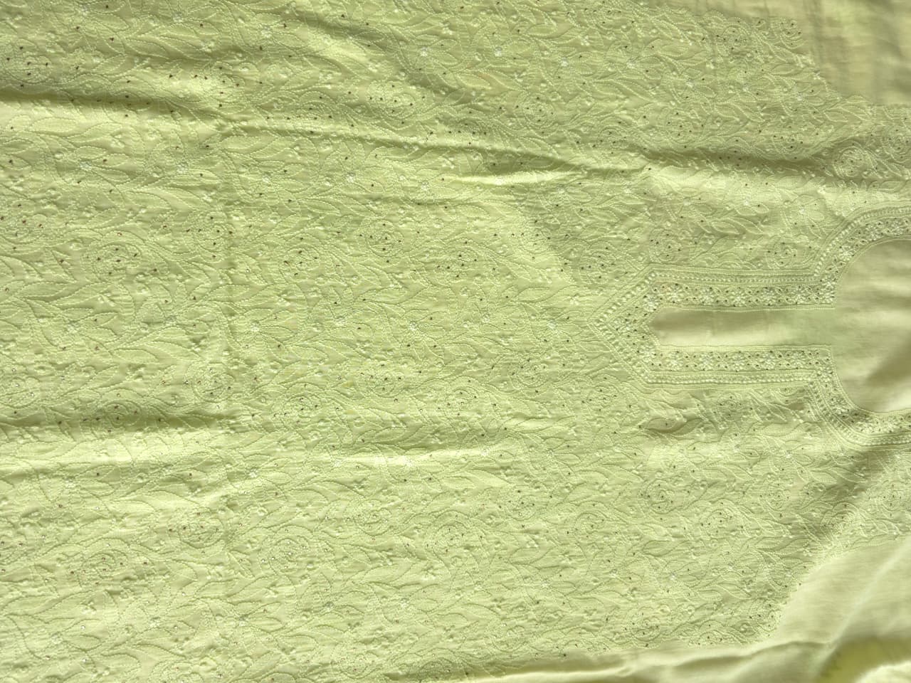 Lime Green Mul chanderi unstitched kurta dupatta with chikan mukaish