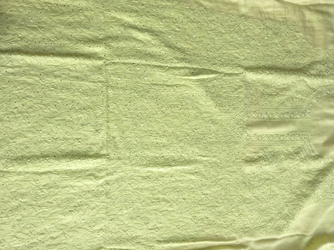 Lime Green Mul chanderi unstitched kurta dupatta with chikan mukaish