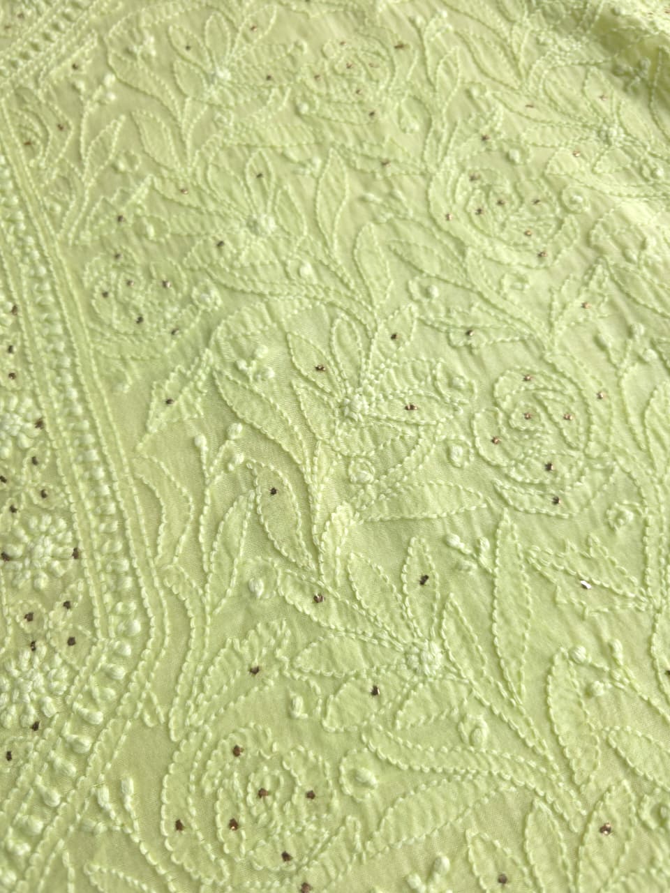 Lime Green Mul chanderi unstitched kurta dupatta with chikan mukaish