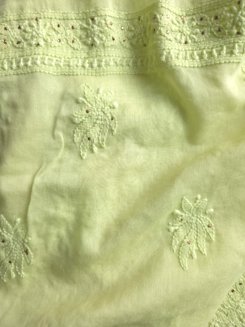Lime Green Mul chanderi unstitched kurta dupatta with chikan mukaish