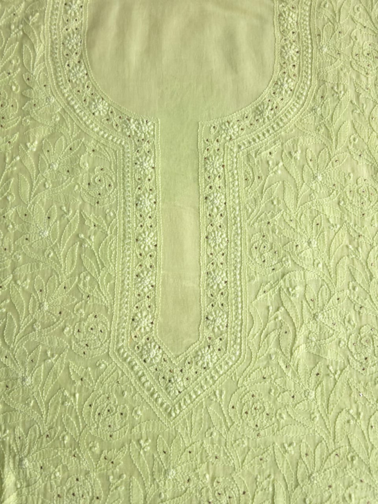 Image of Lime Green Mul chanderi unstitched kurta dupatta with chikan mukaish
